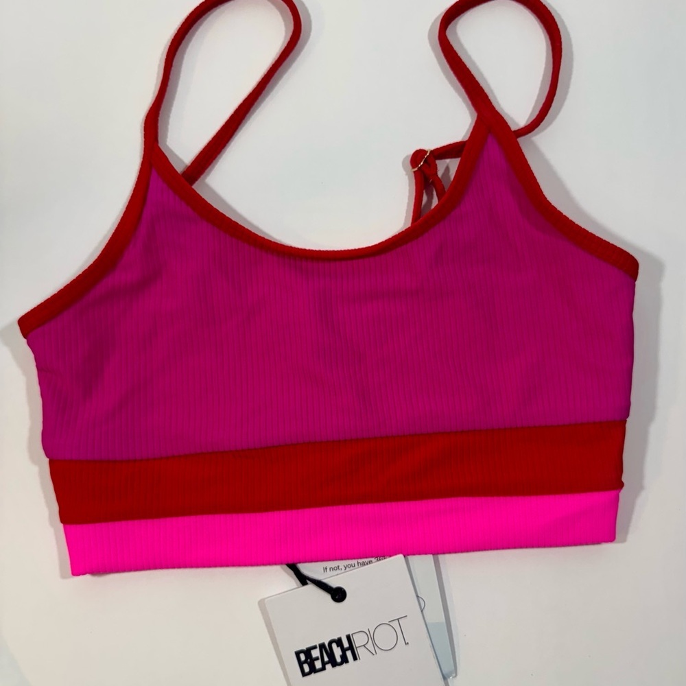 Beach Riot Bikini Top Ribbed Eva Pink/Red Size Small Travel Ready Swim